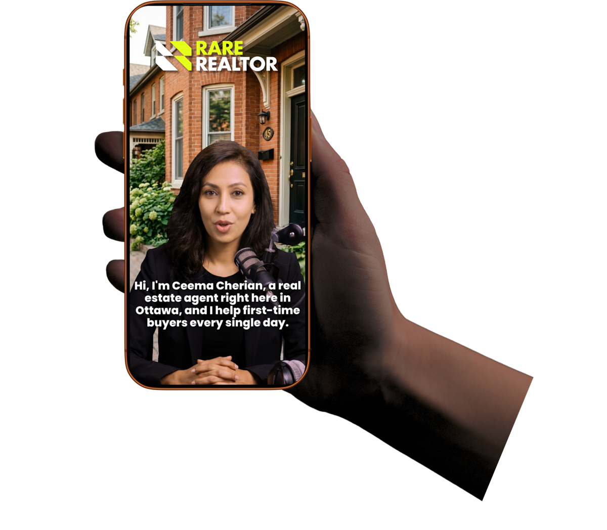 A hand holding the Rare Realtor app playing an agent reel